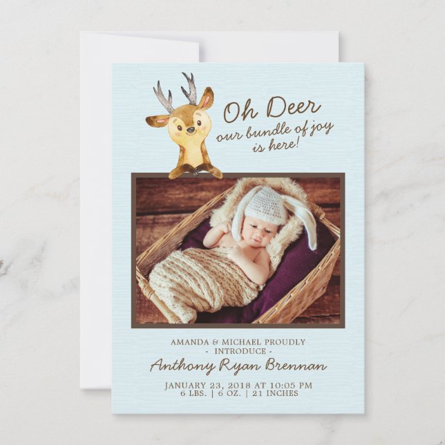 Oh Deer Baby Boys Foto Geburtsankündigung Ankündigung (Vorderseite)