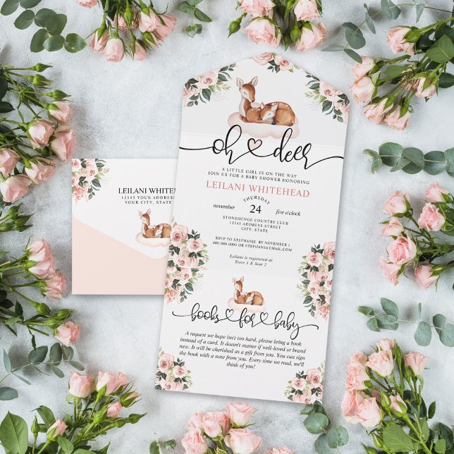 Oh Deer Baby Dusche Blumenbücher All In One Einladung (Oh deer watercolor pink floral baby shower all in one invitation with a books for baby card attached)