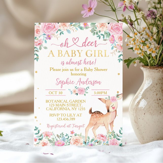 Oh Deer Baby Dusche Pink Gold Blumenladen Einladung (Von Creator hochgeladen)