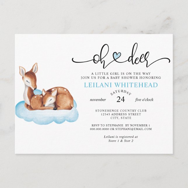 Oh Deer Baby Dusche Wasserfarbe Blue Cloud Postkarte (Vorderseite)