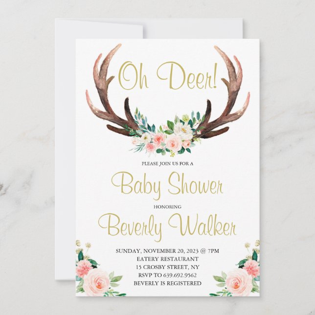 Oh Deer Baby Dusche Wasserfarbe Botanische Flora Einladung (Vorderseite)