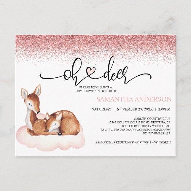 Oh Deer Baby Dusche Wasserfarbe Rosa Glitzer laden Postkarte (Vorderseite)