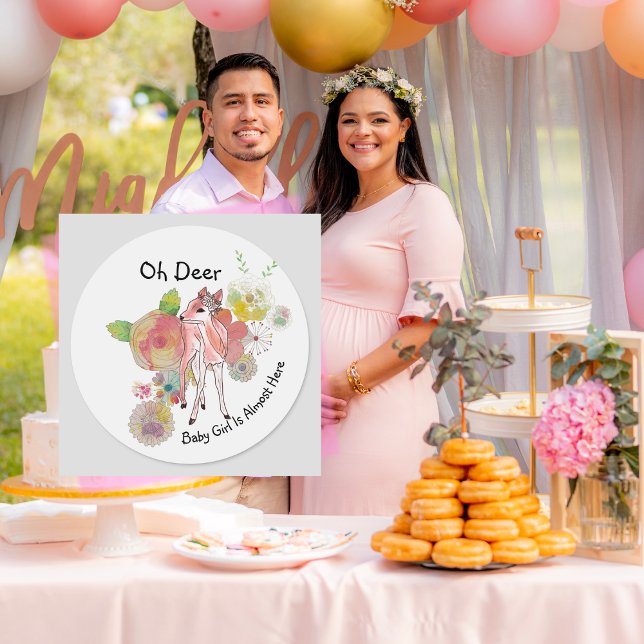 Oh Deer Baby Girl Fast hier Pastel Wildblumen Runder Aufkleber (Oh Deer, Baby Girl Is Almost Here Favor Round Stickers)