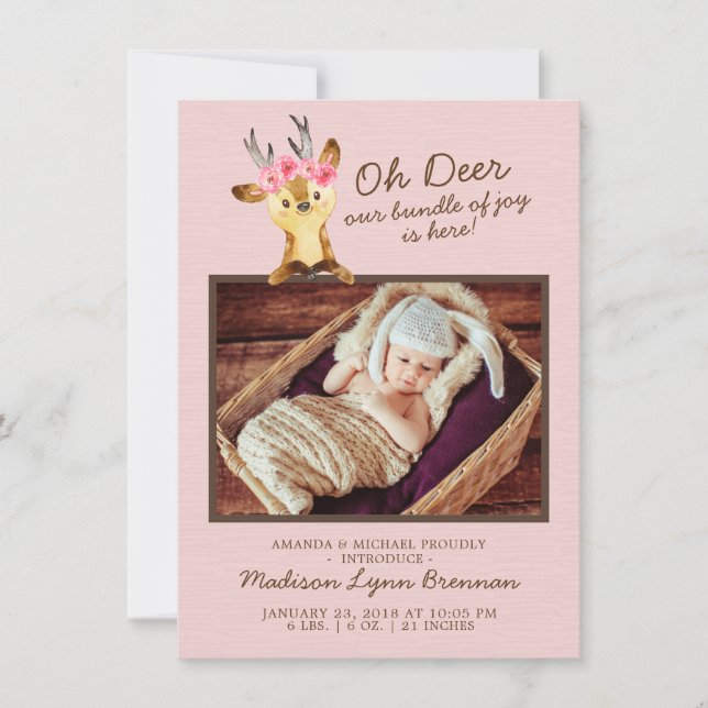 Oh Deer Baby Girls Photo Faire-part de naissance (Devant)