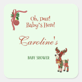 Oh, Deer! Baby’s Here! – Christmas Baby Shower Quadratischer Aufkleber