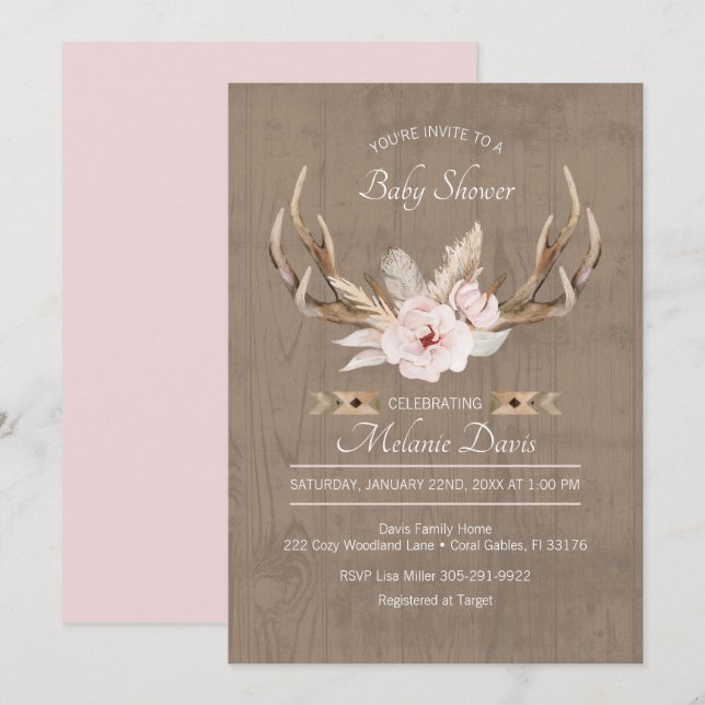 Oh Deer Baby Shower Einladung - Woodland Floral W (Vorne/Hinten)