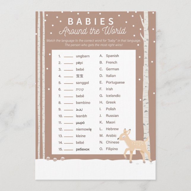 Oh Deer - Baby Shower Game - Babys rund um die Arb Programm (Vorderseite)