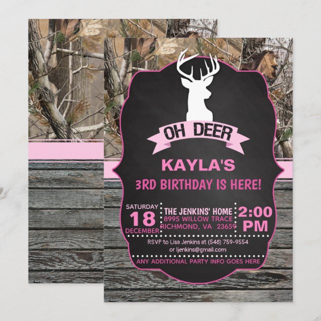 OH Deer Birthday Invitation - Girl (Devant / Derrière)