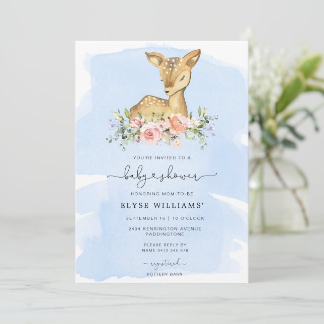 Oh Deer Blue Boy Baby Shower Einladung (Stehend Vorderseite)