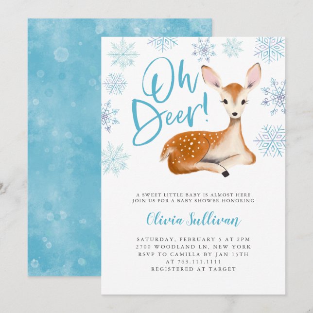 Oh Deer Blue Winter Baby Dusche Einladung (Vorne/Hinten)