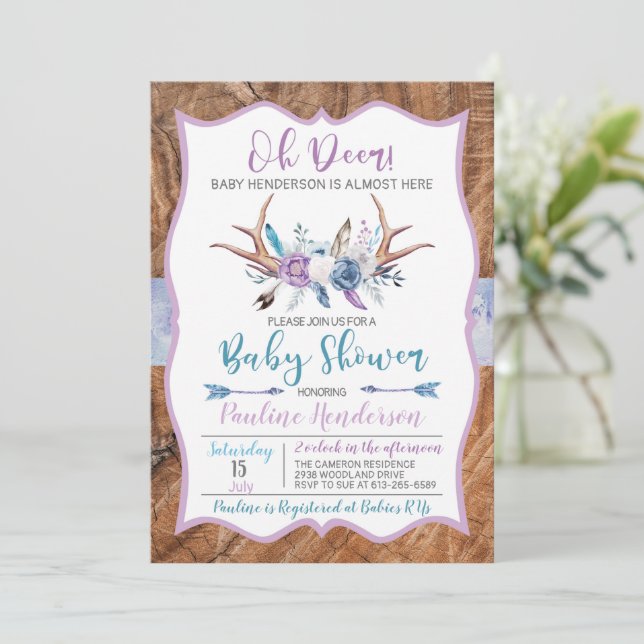 Oh Deer Boho Gender Neutral Baby Duwer Einladung (Stehend Vorderseite)
