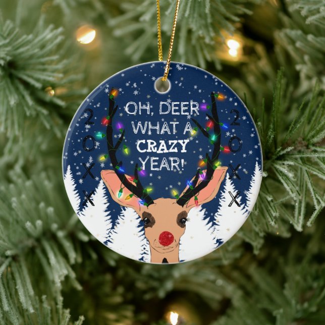 Oh Deer Crazy Year Rentierblume Lichter Weihnachte Keramik Ornament (Baum)