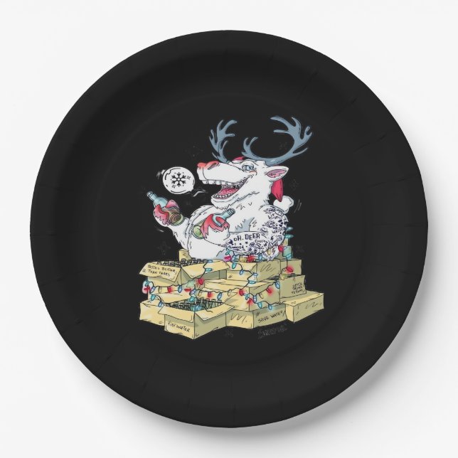 Oh Deer Drunk Reindeer Celebrating Christmas Festi Pappteller (Vorderseite)