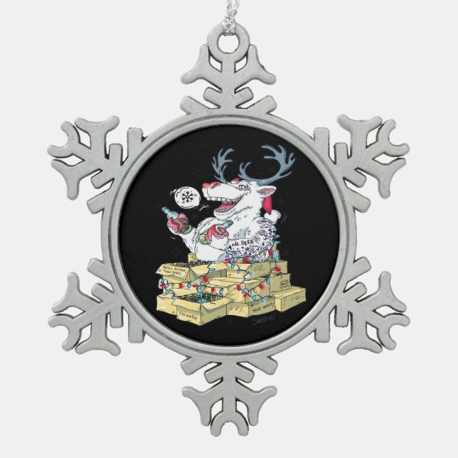 Oh Deer Drunk Reindeer Celebrating Christmas Festi Schneeflocken Zinn-Ornament (Vorderseite)