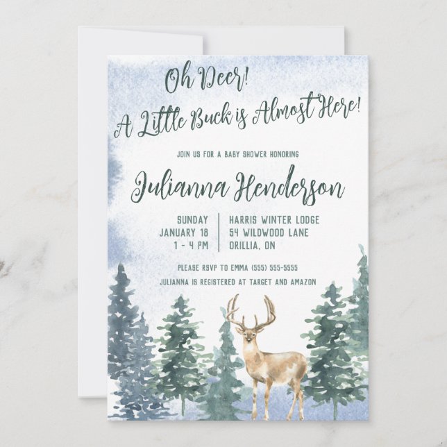 Oh, Deer! Ein kleiner Buck ist fast hier! Babypart Einladung (Vorderseite)