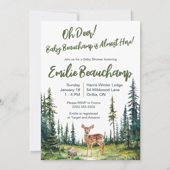 Oh, Deer! Ein neues Baby ist fast hier! Babyparty Einladung (Vorderseite)