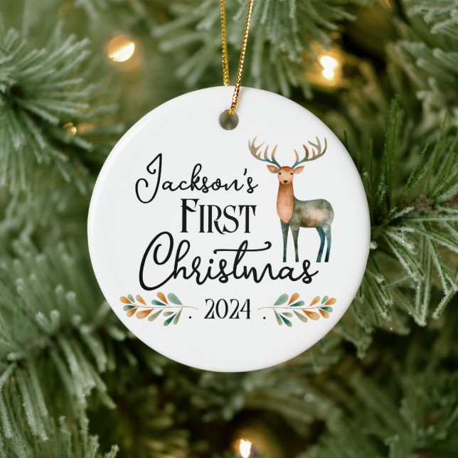 Oh Deer Erstes Weihnachtsfest Foto Keramik Ornament (Baum)
