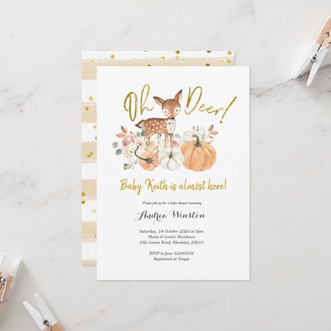Oh Deer Fall Citrouille Baby shower Invitation (Devant/Arrière en situation)