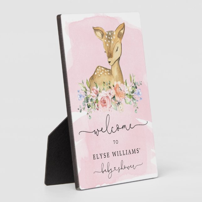 Oh Deer Pink Baby Dusche Begrüßungszeichen Fotoplatte (Seite)