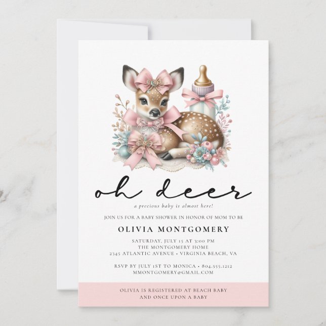 Oh Deer Pink Bows Woodland Forest Baby Dusche Einladung (Vorderseite)