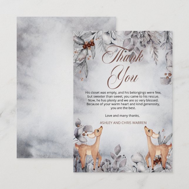 Oh Deer Rustic Winter floral Twins Baby Dusche Dankeskarte (Vorne/Hinten)