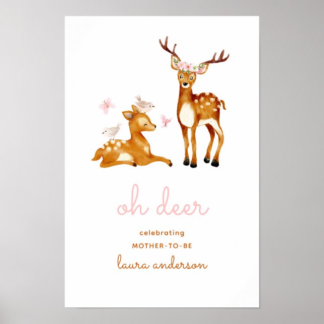 Oh Deer Watercolor Blume Begrüßung Kinderdusche Poster (Vorne)