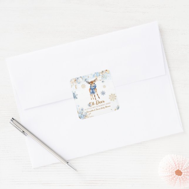 Oh Deer Winter Baby Boy Dusche Willkommen Quadratischer Aufkleber (Umschlag)