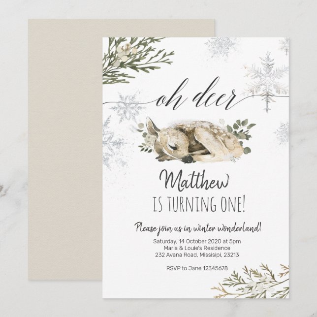 Oh Deer Winter Birthday Einladung (Vorne/Hinten)