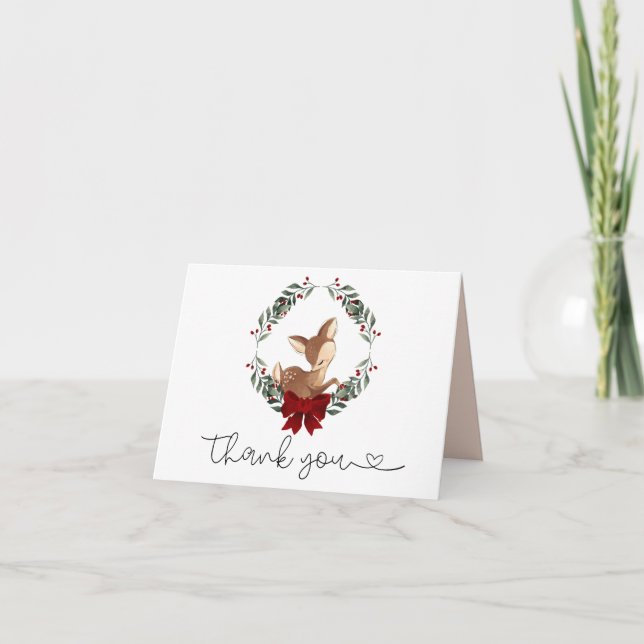 Oh Deer Winter Greenery Baby shower Carte de remer (Devant)