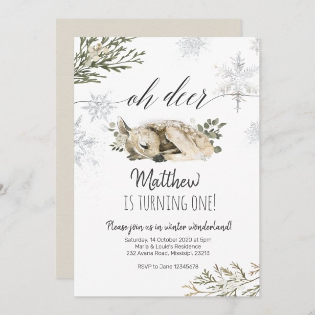 Oh Deer Winter invitation anniversaire (Devant / Derrière)