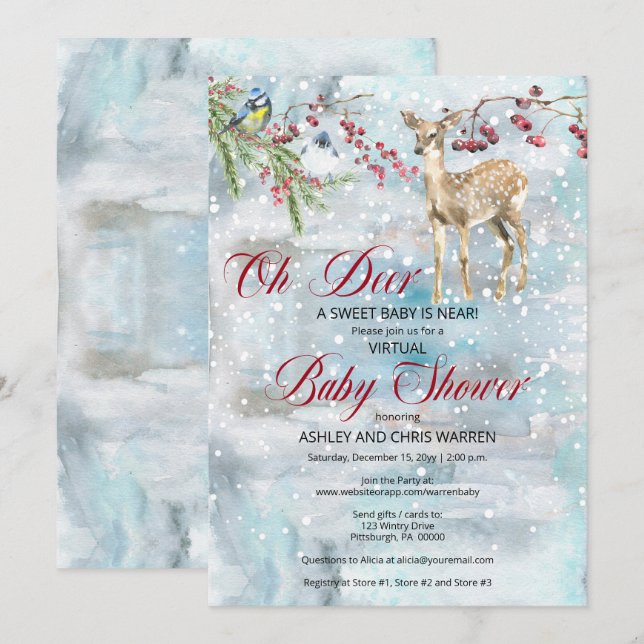 Oh Deer Woodland Animal Winter Virtual Baby Dusche Einladung (Vorne/Hinten)