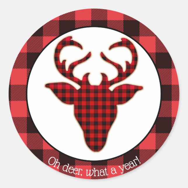 Oh Deh What a Year Buffalo Karierte Weihnachten Runder Aufkleber (Vorderseite)