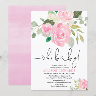 Oh erröten Baby Mädchen-Babyparty-BlumenAquarelle Einladung