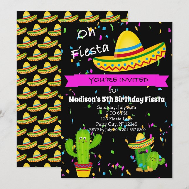 Oh Fiesta Girls Anniversaire Fête Invitation (Devant / Derrière)