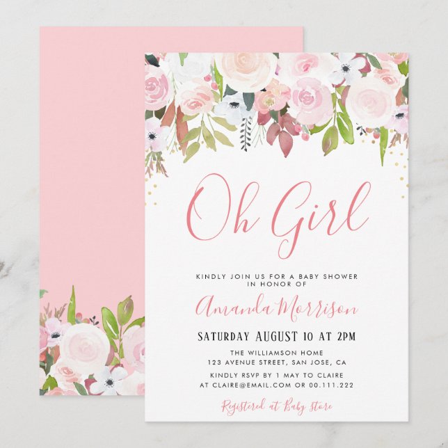 OH FILLE | invitation au baby shower floral (Devant / Derrière)