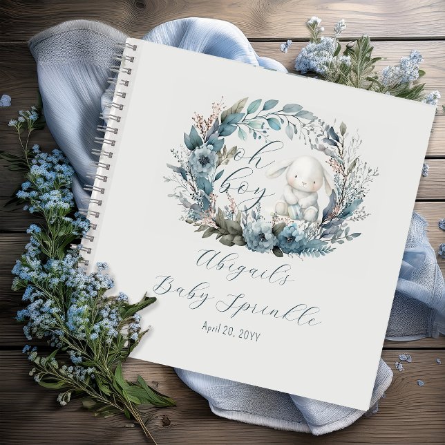 Oh Garçon Bunny Blue Floral Baby Sprinkle Livre d' (Bunny Rabbit and Blue Floral Wreath Boy Baby Sprinkle Guest Book Notebook "Oh Boy" Bunny Collection)