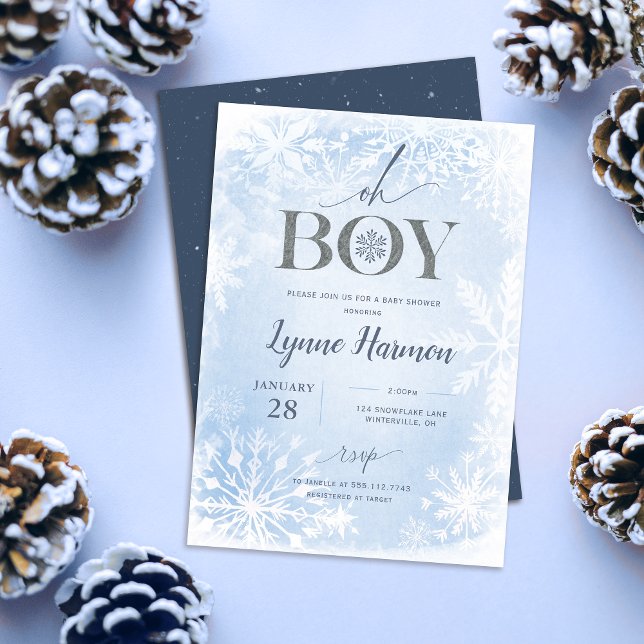 Oh Gary Winter Boy Baby shower Invitation Blue (Oh boy winter baby shower  invitation shown with navy back file on a blue table with pine cones
)