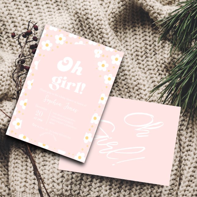 Oh Girl Baby Shower | Retro 70er Pink Daisy Einladung (Von Creator hochgeladen)