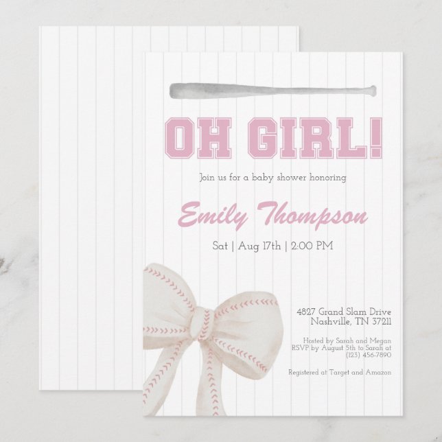 Oh Girl Baseball Baby Dusche Einladung (Vorne/Hinten)