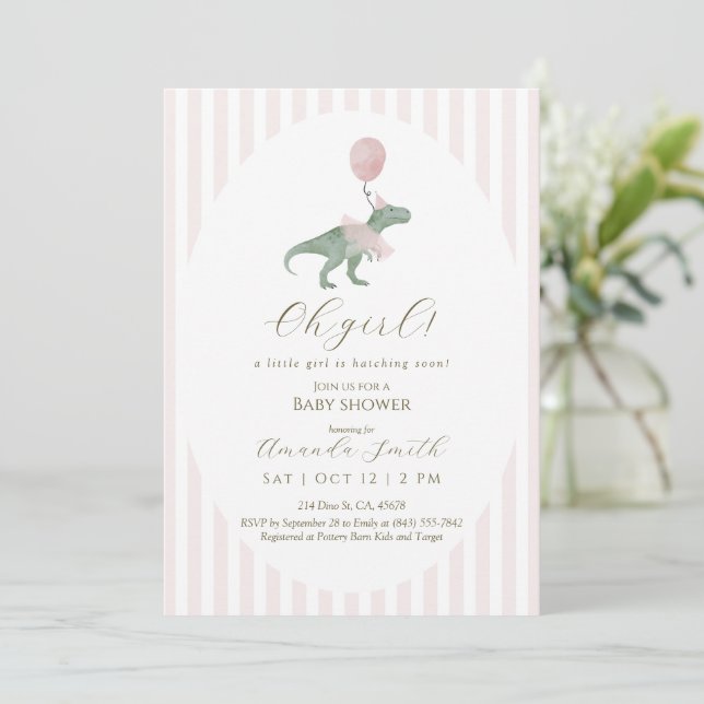 Oh Girl Dinosaur Baby Shower Invitation Einladung (Stehend Vorderseite)