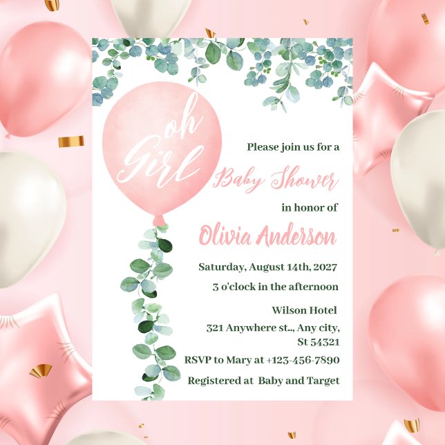 Oh Girl, moderne pinkfarbene Ballon Babydusche Einladung (Von Creator hochgeladen)