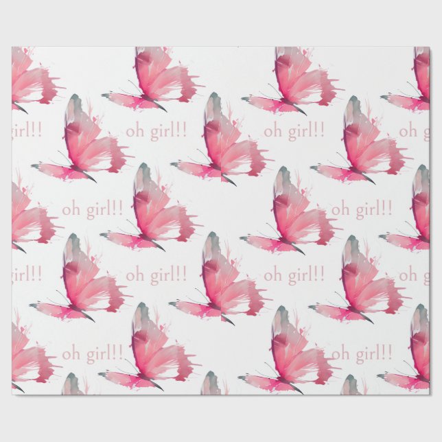 Oh Girl Pink Butterflies Babydusche Geschenkpapier (Saum)