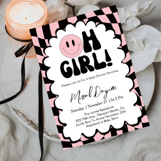 Oh Girl! Pink Checkered Happy Face Baby Shower Einladung