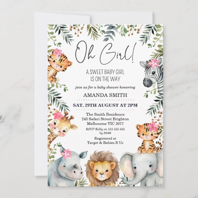 Oh Girl Safari Foliage Baby Dusche Einladung (Vorderseite)