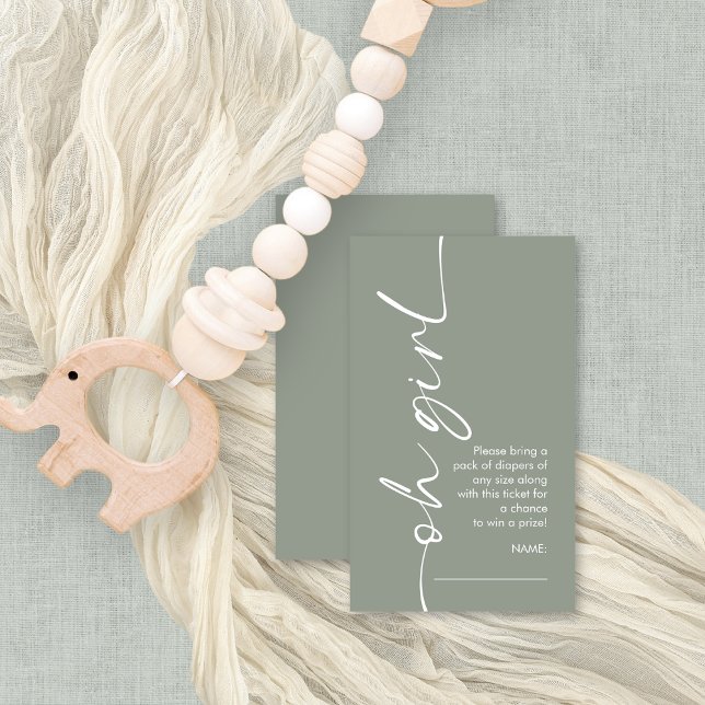 Oh Girl Sage Diaper Raffle Baby Dusche Begleitkarte (Front and bcak view small enclosure Daper raffle )