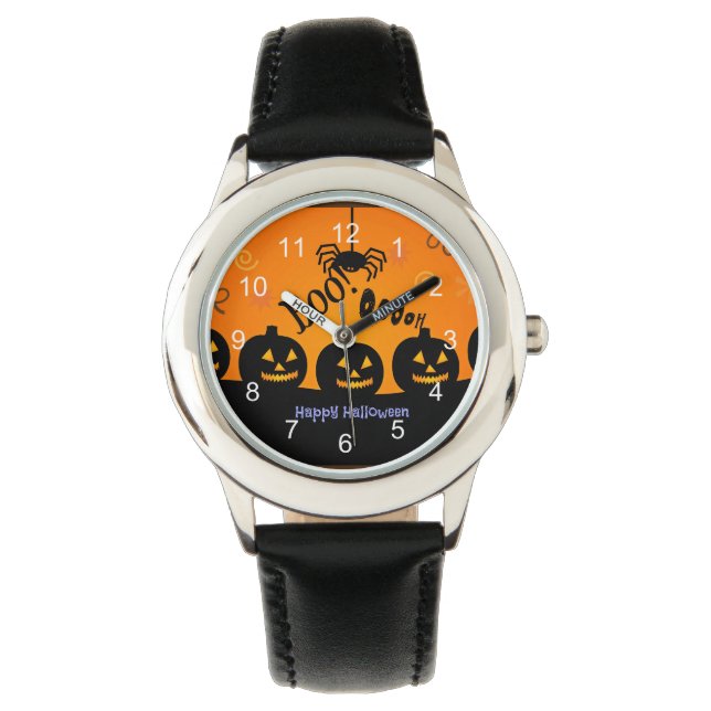 Oh! Happy Halloween in Orange und Schwarz Armbanduhr (Vorderseite)