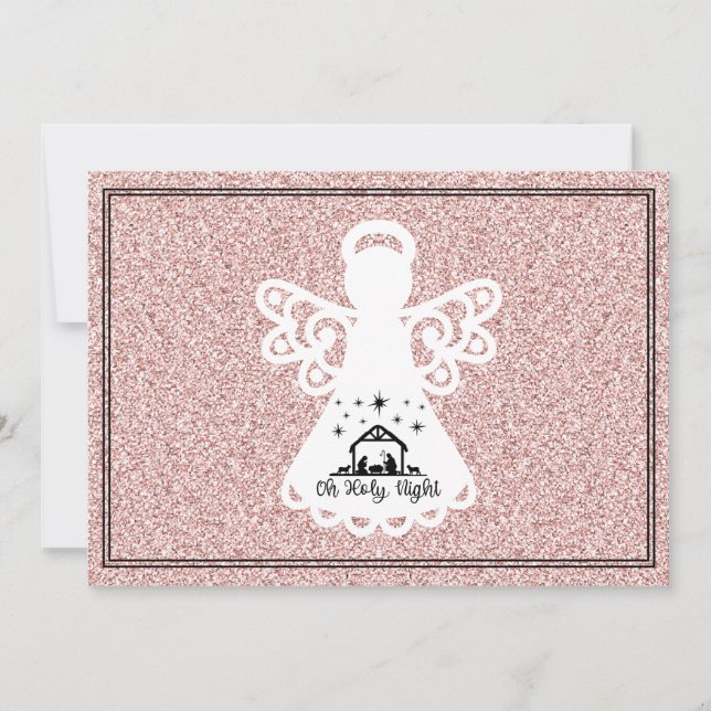 Oh Heilige Nachtkrippe Angel Glitzer Flat Card (Vorderseite)