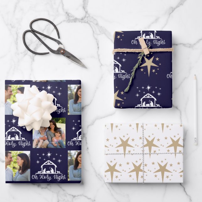 Oh Heilige Nachtkrippe Navy Gold Star Geschenkpapier Set (Vorderseite)