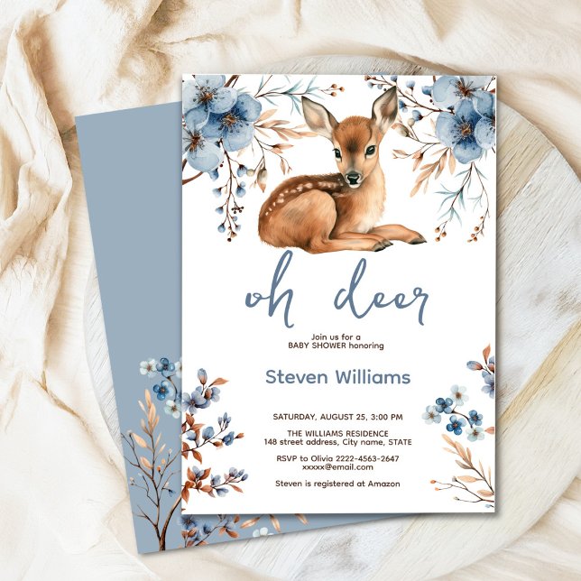 Oh Hirsche niedliche Wald rustikale Blumen Babydus Einladung (Oh deer rustic blue florals with cute forest deer baby shower invitation, gender neutral, woodland )