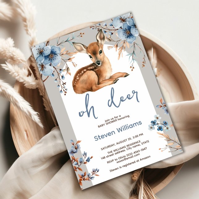 Oh Hirsche niedliche Wald rustikale Blumen Babydus Einladung (Oh deer rustic blue florals with cute forest deer baby shower invitation, gender neutral, woodland )